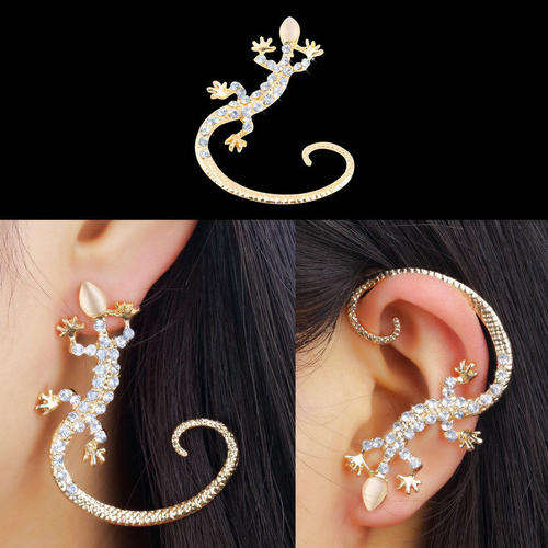 Ladies Stunning 9K Gold Plated Gekko Earring with Pearl Bead & Rhinestones